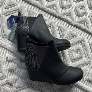 Tom’s booties with metallic zebra heel accent